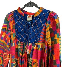 FARM RIO Summer Patches Embroidered Tunic Linen Midi Dress Women Size Small Boho