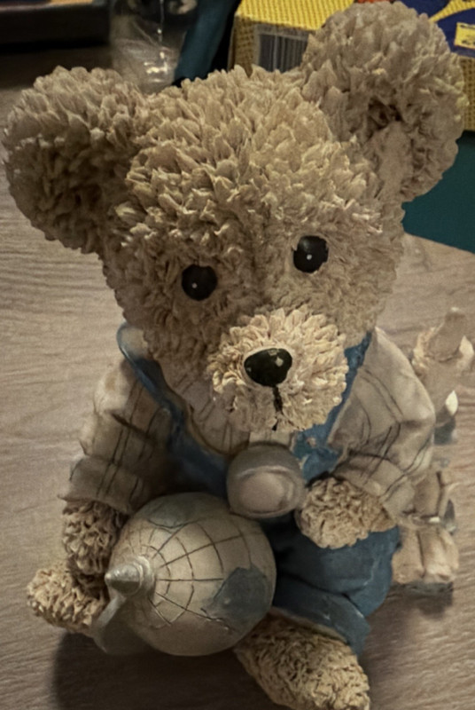Bear Resin Figurine in Blue Overalls Holding Globe Decorative Collectible