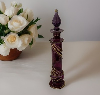 6  Egyptian Plum Glass Cylinder Perfume Bottle & Dauber Raised Gold Swirl Design
