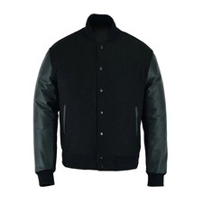 Handmade Solid Black Varsity Letterman Jacket with Cowhide Leather Sleeves