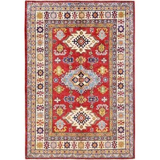 4'10"x7' Red Kazak with Geometric Medallions Design Hand Knotted Wool Rug R333