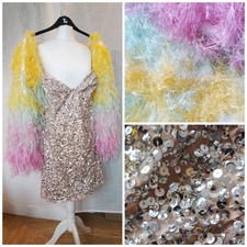 18, Asos Luxe, Beige Sequin Mini Dress, Faux Feather Sleeve Pink Blue Yellow