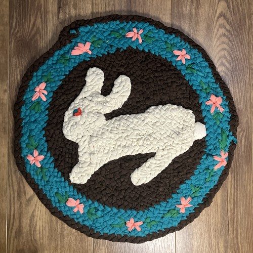 Handmade Crocheted Rag Rug Rabbit Flowers 19” Diameter Folk Art