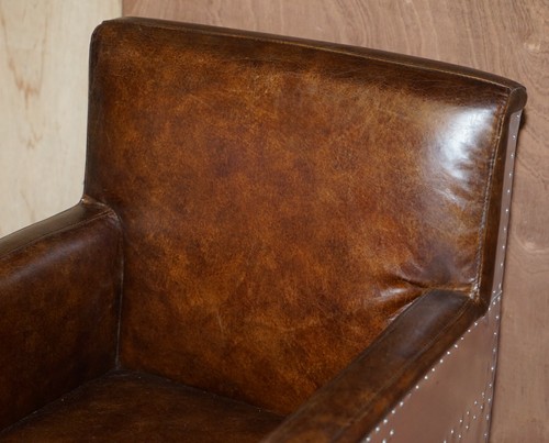 1 OF 2 HAND DYED BROWN LEATHER AVIATOR HAMMERED METAL SWIVEL CAPTAINS ARMCHAIRS - Picture 5 of 12