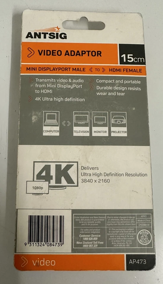 ANTSIG Video Adapter 4K Ultra HD Mini Displayport Male to HDMI Female 15cm AP473 - Image 2 of 2