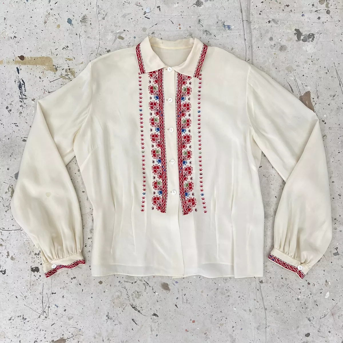 Vintage 40's/50's Embroidered Silk Hungarian Peasant Blouse, L