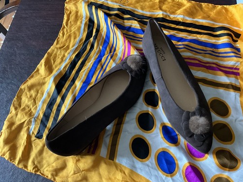 Seston Meucci Brown Suede Ballerina Slip On Pumps With Rabbit Fur Pom Size 10m - Picture 4 of 10