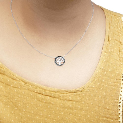 .925 Silver 1/6 Cttw Blue Treated Diamond Tree of Life and Circle 18" Necklace - Picture 4 of 6
