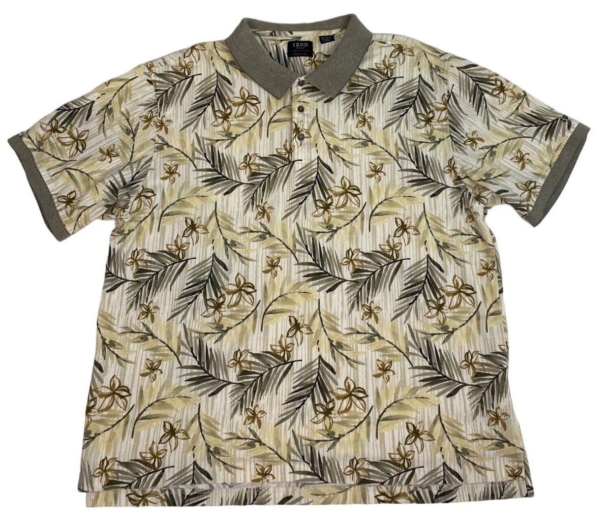 IZOD Golf Men's Tropical Polo Shirt Cool FX XXL White Cream Brown Cotton  Rayon