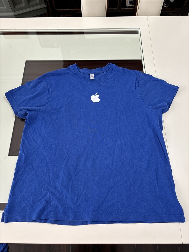 Vtg Apple Employee Knit T-Shirt Woman’s Sz 2 XL~BLUE~ APPLE LOGO ~ Mac ~ NICE