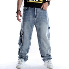 Herren Weites Bein Jeans Hip Hop Baggy Denim Hose Freizeit Cargo Muti-Pocket