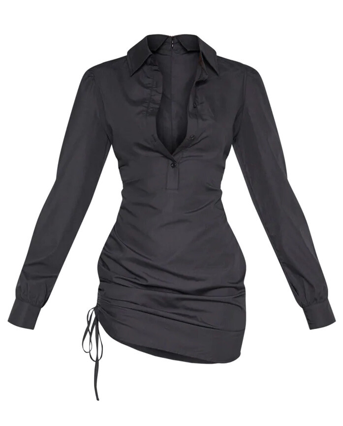 black shirt dress pretty little thing Pretty Little Thing Black Side Ruched Shirt Dress