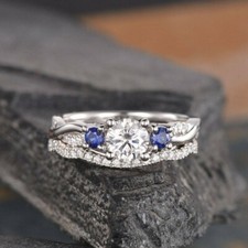 3Ct Moisaanet Center Three Stone Bridal Band Ring Set in 925 Sterling Silver
