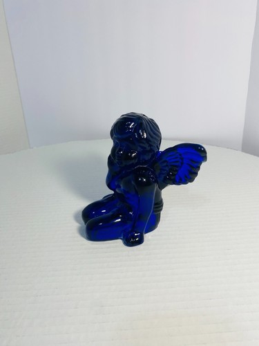 Vintage Cobalt Blue Glass Sitting Angel Cherub Taper Candle Holder 5"x 5"x 5". - Picture 6 of 19