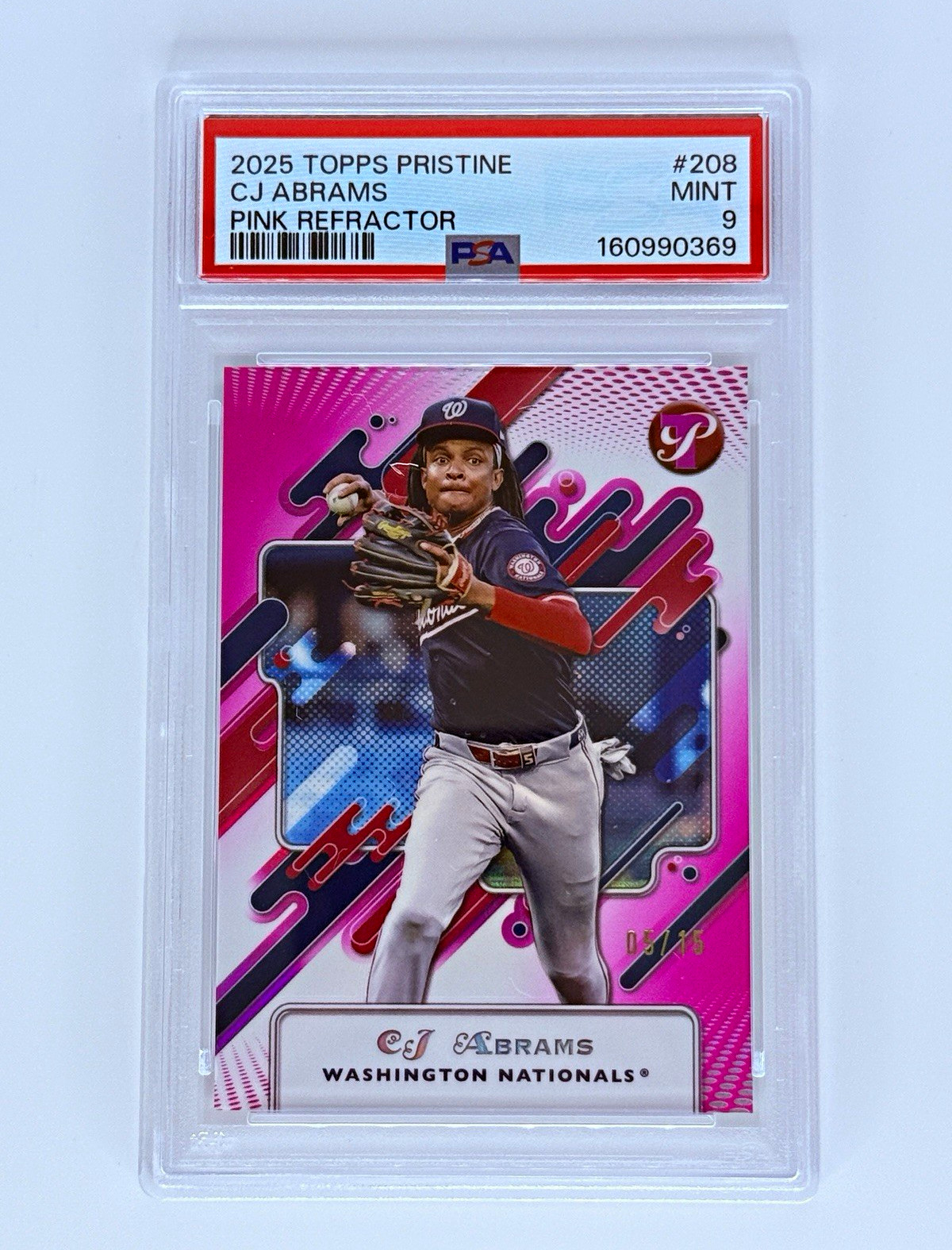 2025 Topps Pristine CJ Abrams Pink Pulsar Refractor #208 **/15 PSA 9 Nationals**