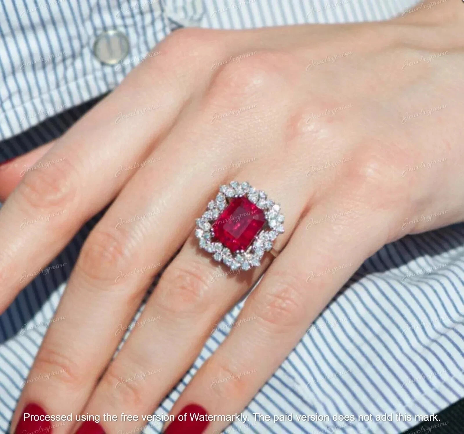 14K White Gold Finish 2 Ct Emerald Cut Lab-Created Red Ruby Halo Engagement Ring
