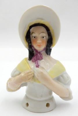 ANTIQUE PORCELAIN VICTORIAN WOMAN, HAND-PAINTED PINCUSHION HALF DOLL, GERMANY