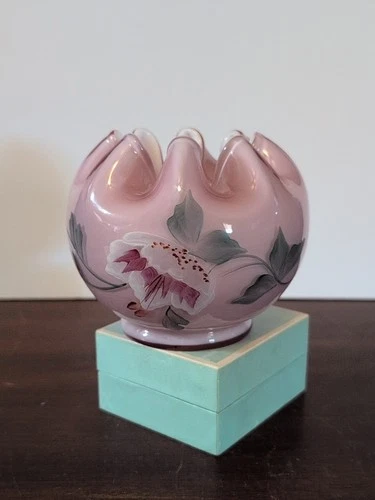 Fenton Art Glass Dusty Rose Overlay Floral Painted Rose Bowl T. Gaskins 3 1/2"