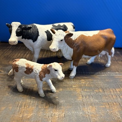 Lot Schleich Farm Cows Calf Toy Black Brown & White D-73527 Retired Dairy Beef