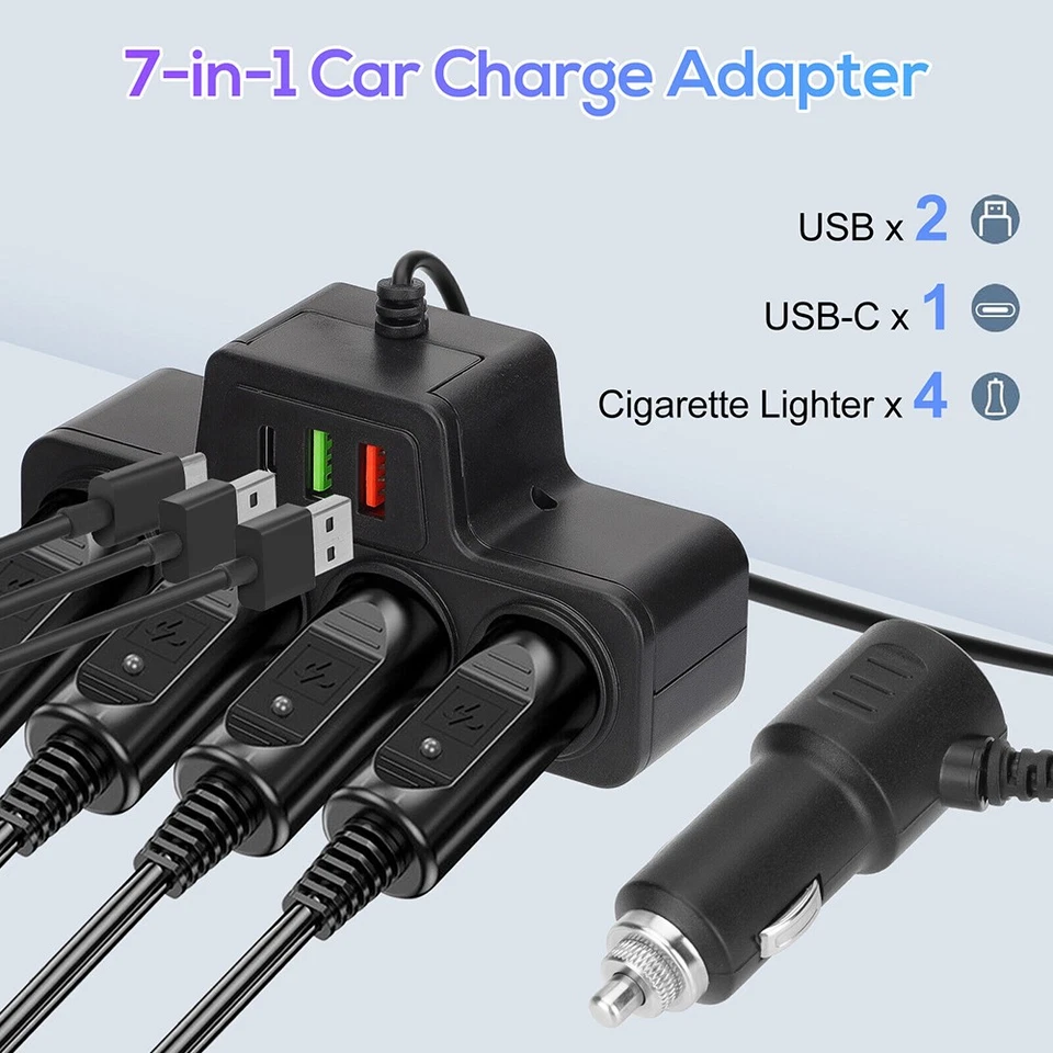 Lighter Charger Socket Splitter Cigarette Power Fast Car Adapter 4Way 12V 7in1 - - Image 4 of 4
