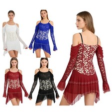 Womens Dancewear Competition Costume Ruched Leotard Tiered Skirt Fringe Dress