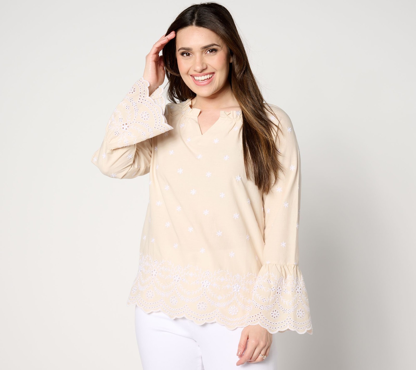 Belle by Kim Gravel Women's Top Sz XS Daisy Pop Embroidered Blouse Brown A646302