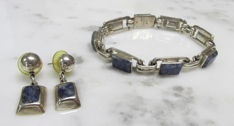 TAXCO Sodalite 950 Silver Bracelet & Sterling Silver Earrings Set 46.5g ~ 4-E318