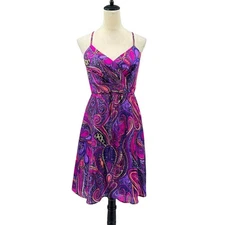 Trina Turk 6 Devendra Agra Paisley Purple Pink 100% Silk Satin Fit & Flare Dress