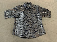 COOFANDY Shirt Mens Medium Shiny Silver Blue Paisley Print Button Up L/S