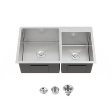 Stainless Kitchen Sink, 32 x19 Double Bowl in Brushed Nickel, Overmount