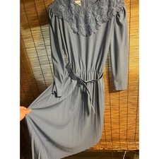 Jennifer Gee Blue Lace Collar Pleated Belted Midi Dress 80s Made in USA