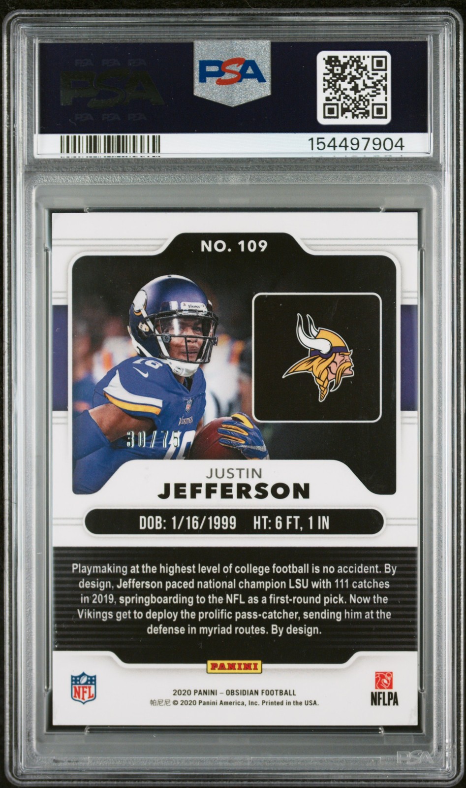 2020 PANINI OBSIDIAN ELECTRIC ETCH ORANGE JUSTIN JEFFERSON ROOKIE RC 30/75 PSA 8 view 2