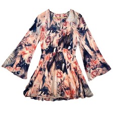 Guess Mini Dress BOHO S V Neck Bell Sleeve Floral Tropical Print Peach Women's S