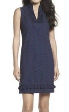 Eliza J 12 Navy Blue Eyelet Tassel Shift Split Mandarin vacation luxury resort