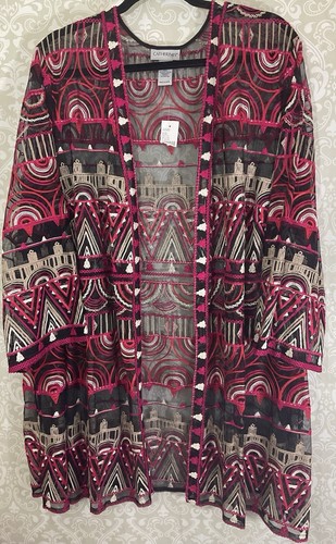 CATHERINES Women’s Cardigan Top 3X Multicolor Embroidered Mesh 3/4 Slvs Boho NWT