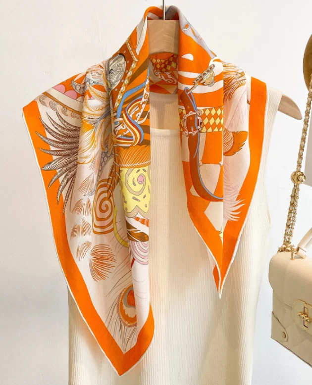 100% Mulberry Silk Neckerchief armor Print Bandanna Scarf Square Shawl 65X65cm
