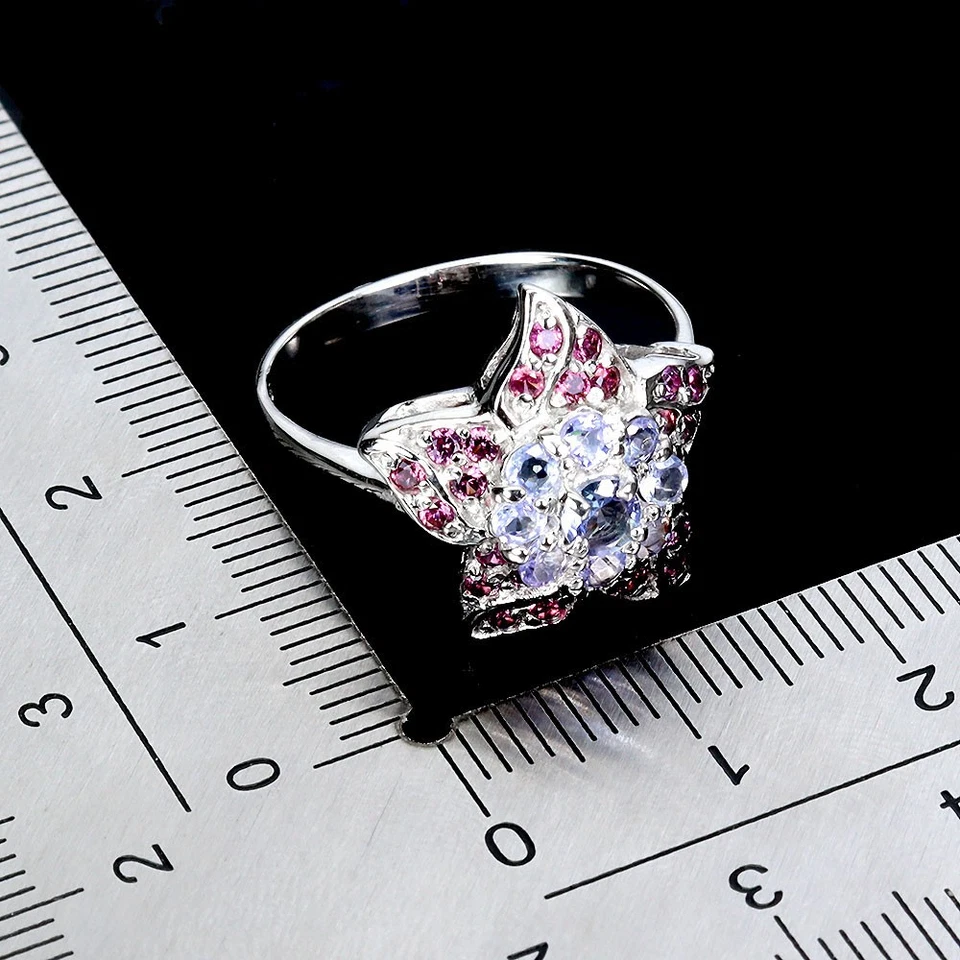 925 Anello Argento Sterling Rotondo Tanzanite Rodolite Granato Gemma Misura - Immagine 3 di 4