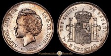  Alfonso XIII 5 Pesetas (25,19 gramosg) 1892*18-92* Madrid PG-M Aureo y Calicó-