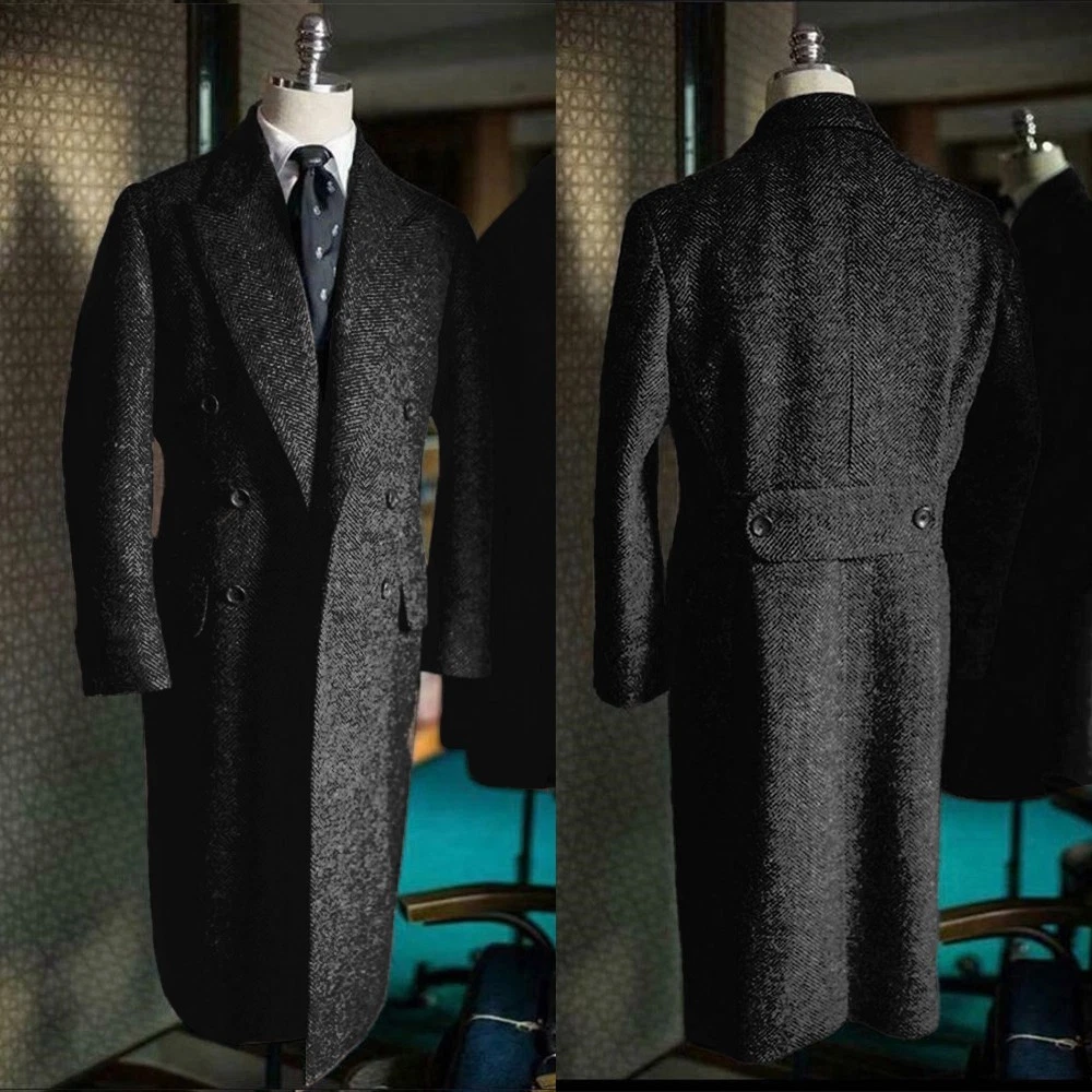 Tweed Herringbone Long Men Overcoats Wool Blend Double Breasted Coat Outwear