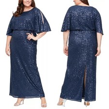 Alex Evenings Dress Womens Size 14 Blue Maxi Sequins Flutter Sleeve Cocktail