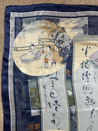 Vtg BO RUN 100% Silk SCARF Asian Women Children Blue Hand Rolled LARG 42" SQ EUC - Picture 7 of 19