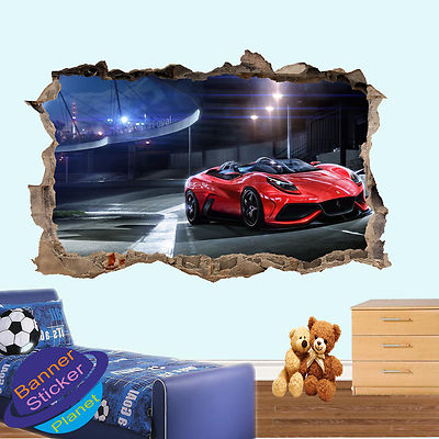 Super Sports Red Racing Car Wall Stickers 3d Smashed Room Decor