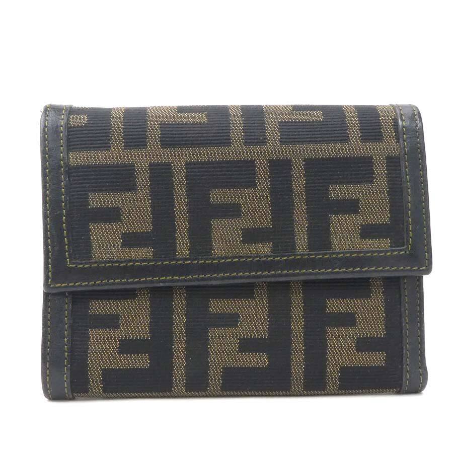 Auth FENDI Zucca Trifold Wallet Brown Canvas/Leather e59198a