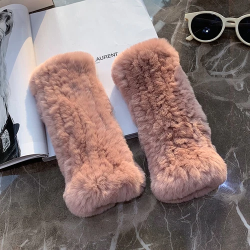 Womens Winter Real Rabbit Fur Gloves Knitted Stretch Fingerless Mitten Gloves - Picture 16 of 102