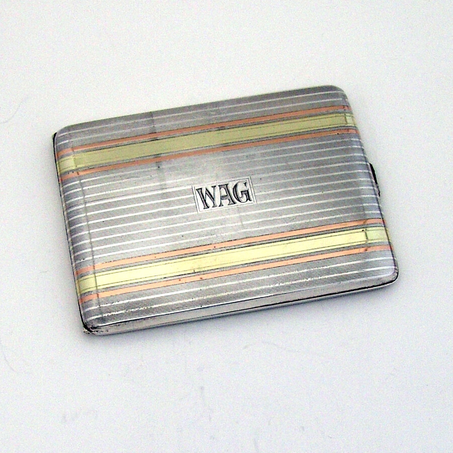 Napier Cigarette Case Sterling Silver 14K Gold Inlay Mono WAG