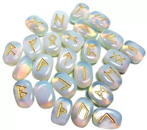 Opalite Rune Crystal Stones Set Elder futhark Reiki Healing gemstone 25 Pcs - Foto 1 di 3