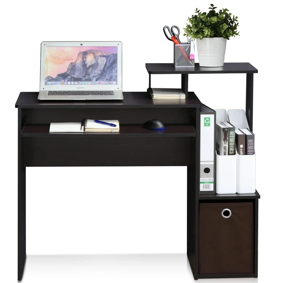 Furinno Office Computer Writing Keyboard Trays W/ Storage Bin Desk, Dark Walnut - Image 2 of 4