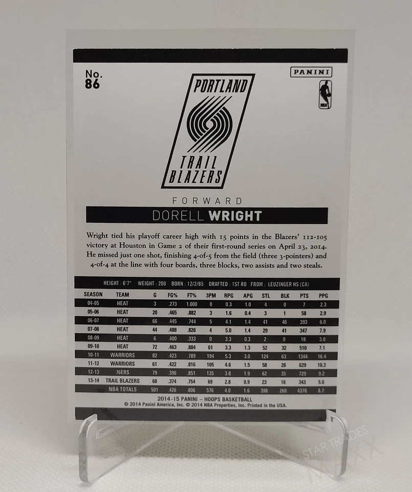 Tarjeta de baloncesto 2014 Dorell Wright #86 Panini NBA Hoops Blazers Foto 2 de 2
