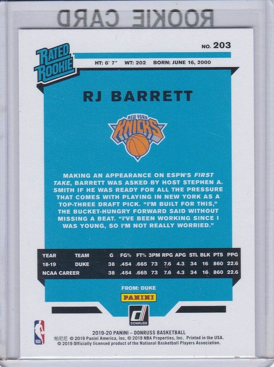 RJ BARRETT ROOKIE CARD 2019 Donruss Basketball RATED RC New