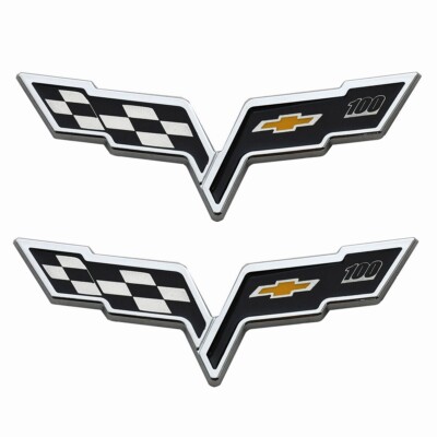 Pair Fits 2005-2013 Corvette C6 100th Emblem Front Rear Cross Flag Badge Chrome